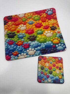 NEW! Colorful Rainbow Paw Print Mouse Pad & Coaster Set